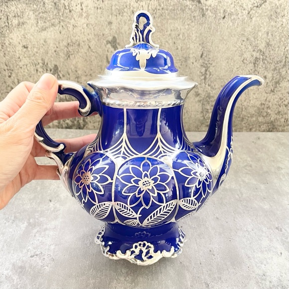 Vtg Hutschenreuther Hohenberg Germany Cobalt Blue Silver Overlay Tea Pot - Picture 4 of 10